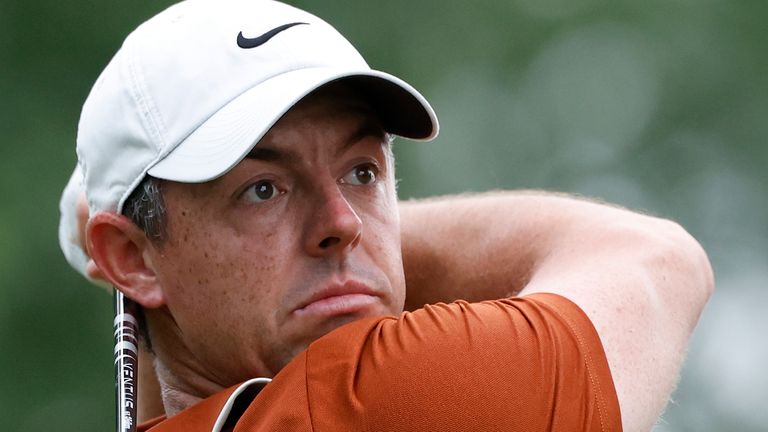 CHARLOTTE, NC - MAY 16: Rory McIlroy (NIR) plays his tee shot at the 18th hole during the second round of the PGA Championship at Quail Hollow Country Club on May 16, 2025 in Charlotte, North Carolina. (Photo by Joe Robbins/Icon Sportswire) (Icon Sportswire via AP Images)