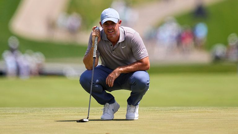 Rory McIlroy, of Northern Ireland, waits to putt on the fourth hole during the first round of the Truist Championship golf tournament at the Philadelphia Cricket Club, Thursday, May 8, 2025, in Flourtown. (AP Photo/Matt Rourke)
