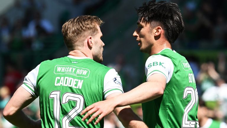 Kieron Bowie celebrates with Chris Cadden after equalising for Hibs against Rangers
