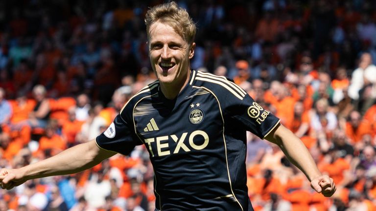 Jeppe Okkels celebrates after giving Aberdeen the lead at Dundee United