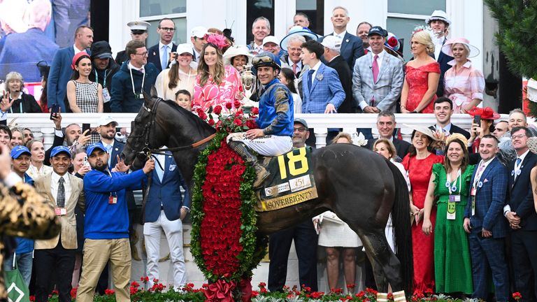 Junior Alvarado celebrates winning the 151st Kentucky Derby aboard Sovereignty on Saturday, May 3, 2025, at Churchill Downs. (Diane Bondareff/AP Content Services for Longines)