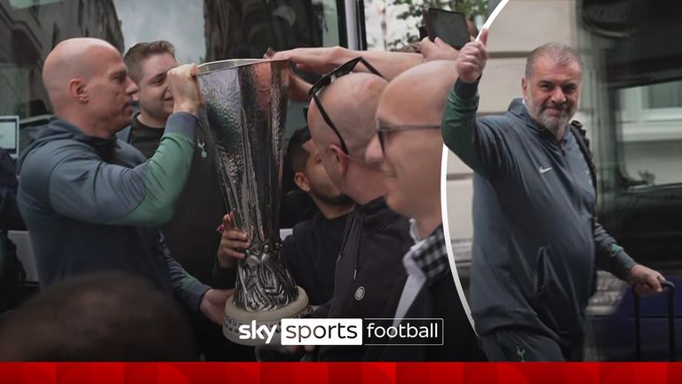 Watch the fantastic scenes as Tottenham Hotspur parade their Europa League trophy, followed by a smiling Ange Postecoglou and team.