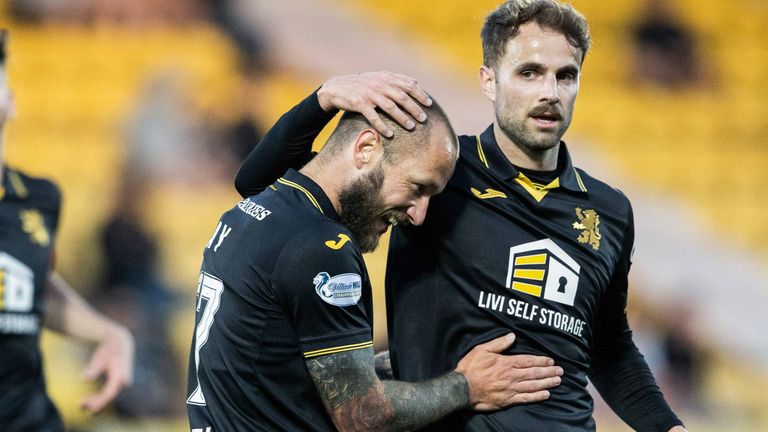 LIVINGSTON, SCOTLAND - MAY 16: Livingston's Stevie May celebrates scoring to make it 2-0 with Andrew Shinnie during a William Hill Premiership Play-Off Semi-Final Second Leg match between Livingston and Partick Thistle at the Home of the Set Fare Arena, on May 16, 2025, in Livingston, Scotland. (Photo by Alan Harvey / SNS Group)