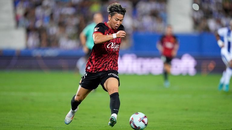 Takuma Asano of RCD Mallorca in action during the Spanish League, LaLiga EA Sports, football match played between CD Leganes and RCD Mallorca at Butarque stadium on August 31, 2024, in Leganes, Madrid, Spain. AFP7 31/08/2024 (Europa Press via AP)