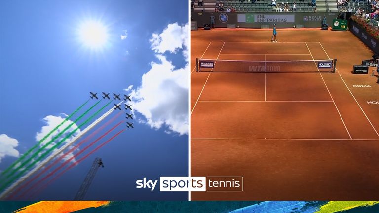 The Italian version of the Red Arrows performed a flyover, causing a temporary delay twice during Naomi Osaka's defeat to Peyton Stearns at the Italian Open.