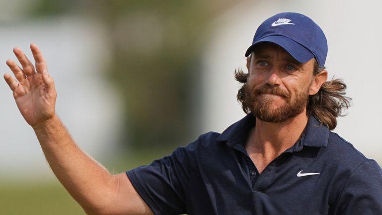 Tommy Fleetwood, of England, reacts on the 18th hole during the final round of the Truist Championship golf tournament at the Philadelphia Cricket Club, Sunday, May 11, 2025, in Flourtown. (AP Photo/Matt Rourke)