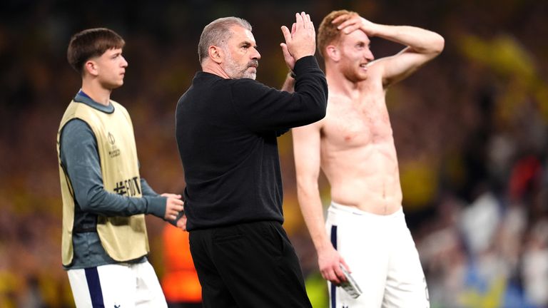 Tottenham boss Ange Postecoglou applauds the home fans following the 3-1 win against Bodo/Glimt