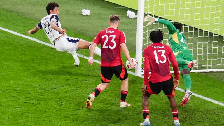Tottenham take the lead against Man Utd in the Europa League final after the ball bounces into the net off Luke Shaw
