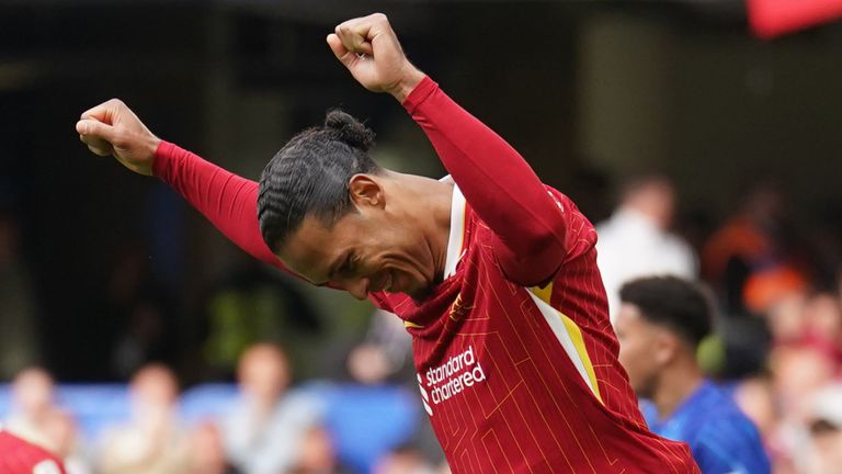 Liverpool's Virgil van Dijk celebrates scoring against Chelsea