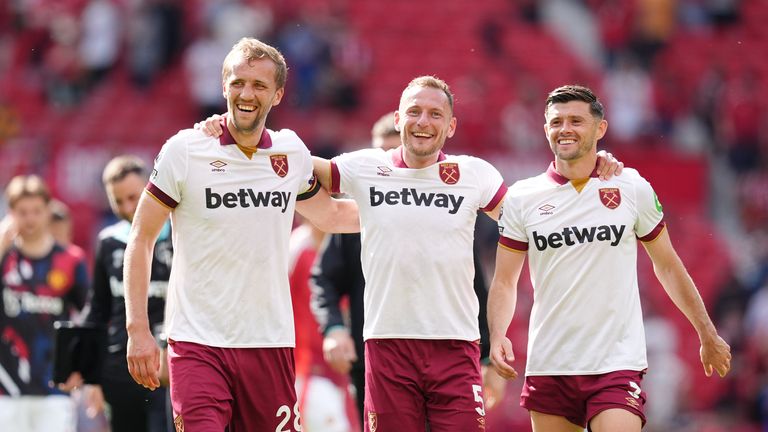 The Czech contingent of Soucek and Vladimir Coufal (centre) will part ways this summer with Aaron Cresswell (right) also set to leave the London Stadium