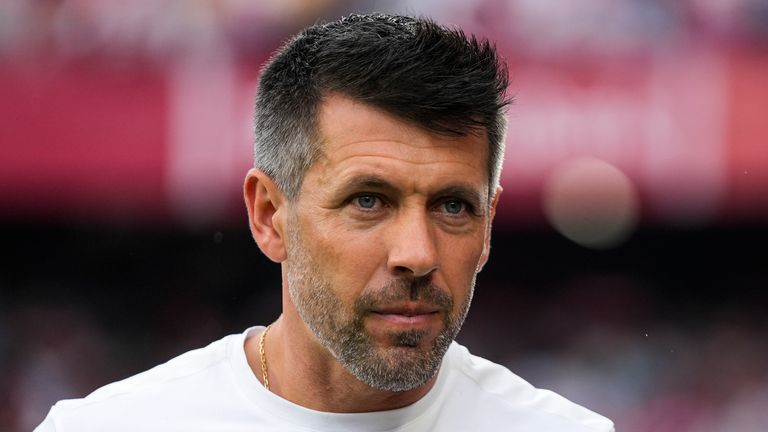 Paulo Pezzolano, head coach of Real Valladolid, looks on during the Spanish league, La Liga EA Sports, football match played between Sevilla FC and Real Valladolid at Ramon Sanchez-Pizjuan stadium on September 24, 2024, in Sevilla, Spain. AFP7 24/09/2024 (Europa Press via AP)