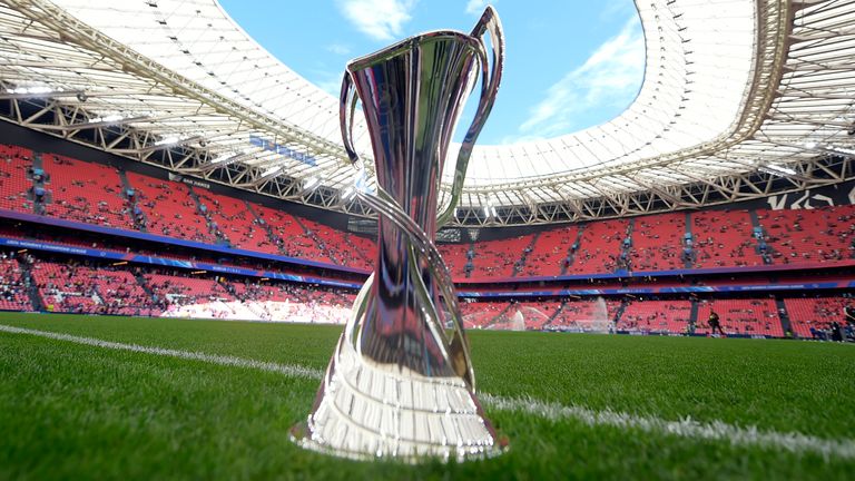 The trophy is displayed on the pitch before the women's Champions League final soccer match between FC Barcelona and Olympique Lyonnais at the San Mames stadium in Bilbao, Spain, Saturday, May 25, 2024. (AP Photo/Alvaro Barrientos)