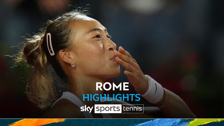 China's Qinwen Zheng celebrates after winning a quarter-final tennis match against Aryna Sabalenka of Belarus at the Italian Open in Rome, Italy, Wednesday, May 14, 2025. (AP Photo/Alessandra Tarantino)


