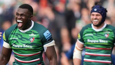 Emeka Ilione celebrates Leicester Tigers' win in the Gallagher Premiership semi-final