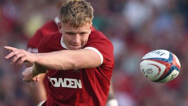 Lions' Fin Smith kicks a penalty goal during the Rugby Union international match between the British and Irish Lions and Argentina, at the Aviva Stadium in Dublin, Friday, June 20, 2025. (AP Photo/Peter Morrison)
