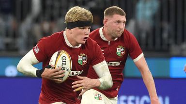 Henry Pollock surges clear of the Western Force defence to set up Tomos Williams to score the Lions' second try