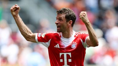 Thomas Muller celebrates Bayern's 10th goal of the game