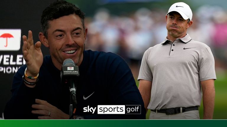 Rory McIlroy, of Northern Ireland, reacts after missing a putt on the eighth hole during the third round of the U.S. Open golf tournament at Oakmont Country Club Saturday, June 14, 2025, in Oakmont, Pa.