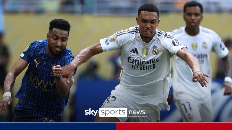 MIAMI GARDENS, FL - JUNE 18: Real Madrid CF Defender Trent Alexander-Arnold (12) races a defender to the ball in the first half during the match between Real Madrid and Al Hilal on Wednesday, June 18, 2025 at Hard Rock Stadium in Miami Gardens, FL. 