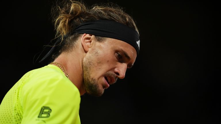 German Alexander Zverev prepares to serve against Serbian Novak Djokovic during their quarterfinal match of the French tennis Open at Roland-Darros Stadium in Paris, Wednesday, June 4, 2025 (AP Photo/Lindsey Wasson)