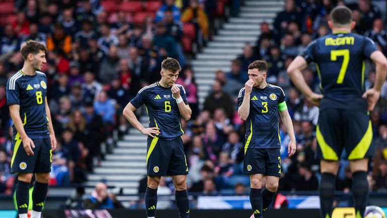 GLASGOW, SCOTLAND - JUNE 06: Scotland's Andy Robertson (R) and Kieran Tierney look dejected after Iceland open the scoring during an International Friendly match between Scotland and Iceland at Hampden Park, on June 06, 2025, in Glasgow, Scotland. (Photo by Craig Williamson / SNS Group)