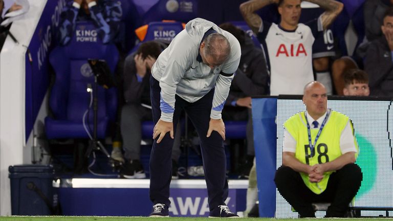Ange Postecoglou showed his despair as Spurs conceded an equaliser at Leicester in their first game of the season
