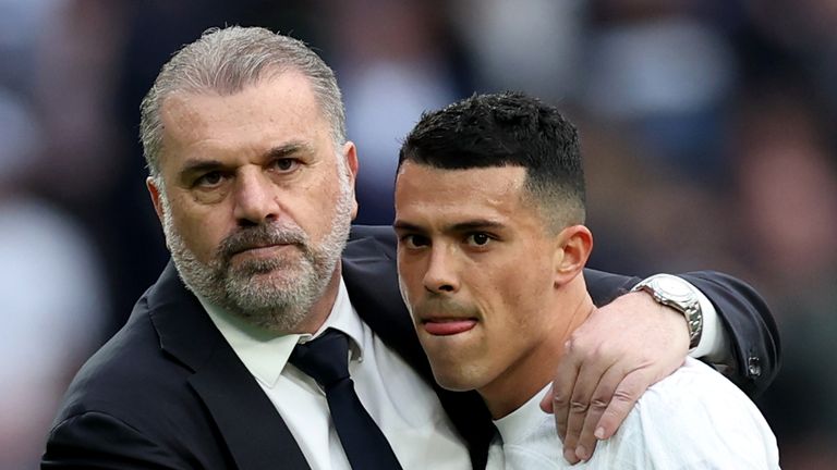 File photo dated 30-03-2024 of Tottenham Hotspur manager Ange Postecoglou and Pedro Porro. Tottenham defender Pedro Porro says Ange Postecog