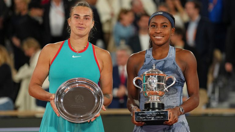 Winner Coco Gauff of the U.S., right, and second placed Aryna Sabalenka of Belarus pose with their trophies after the final match of the Fre
