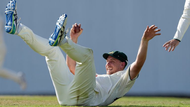 Australia's Cameron Green celebrates after taking the catch to dismiss West Indies' Brandon King on day three of the first cricket Test match at Kensington Stadium in Bridgetown, Barbados, Friday, June 27, 2025. (AP Photo/Ricardo Mazalan)