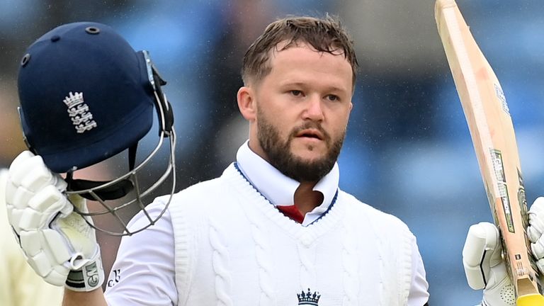 Ben Duckett celebrates his hundred on day five of the first Test between England and India at Headingley