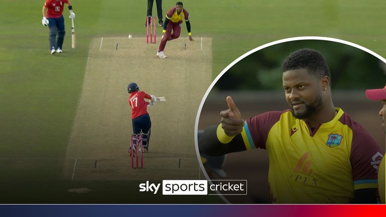 Romario Shepherd sends down a slower ball to remove Ben Duckett in the opening overs.