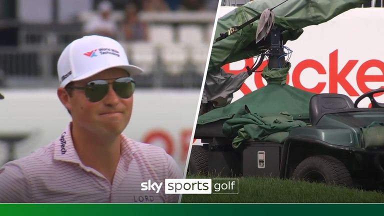 Watch Ben Griffin hit his ball into a camera cart at the Rocket Classic. 