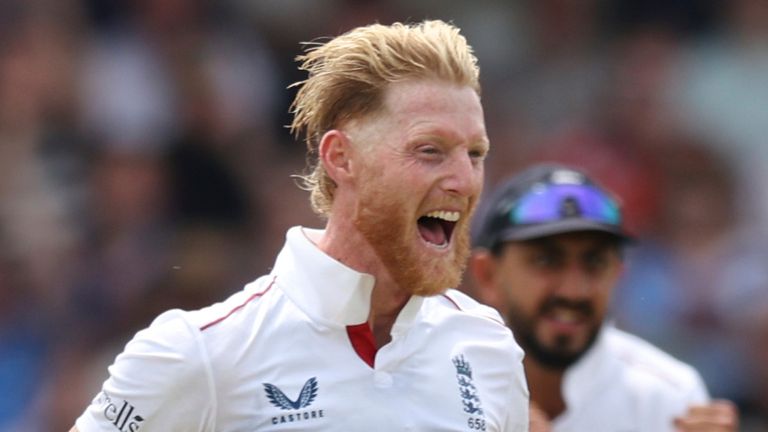 England captain Ben Stokes celebrates the dismissal of India's Sai Sudharsan on day one of the first cricket test match between England and India at Headingley in Leeds, England, Friday, June 20, 2025, (AP Photo/Scott Heppell)