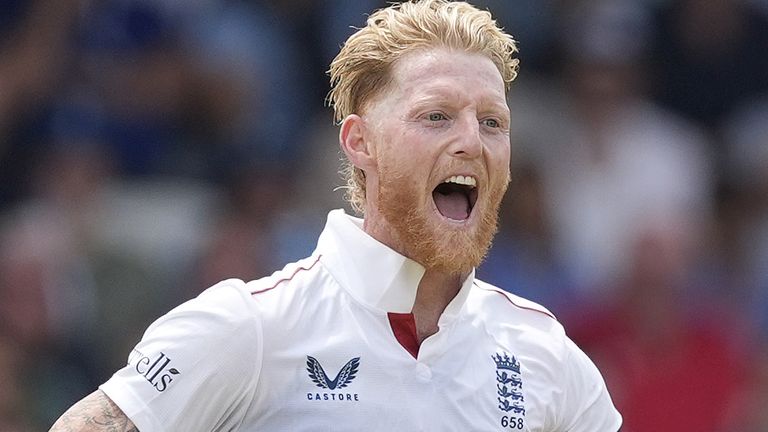 Ben Stokes celebrates taking a wicket during England's first Test against India