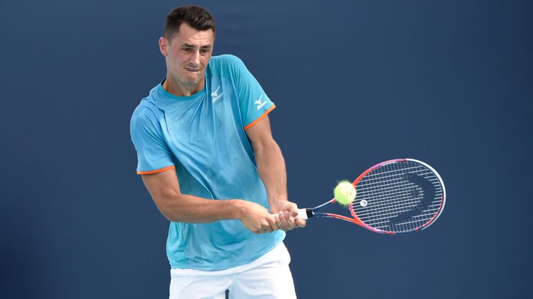 Bernard Tomic (AUS) wins his match against Thiago Monteiro of (BRA) at the Miami Open on March 21, 2019, at Hard Rock Stadium in Miami Garde