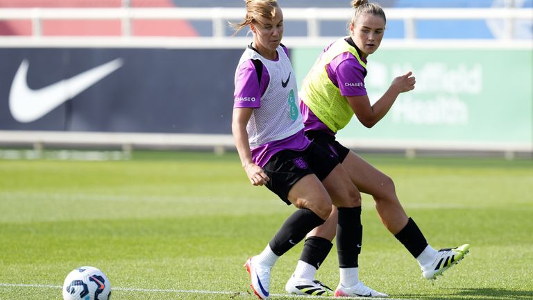 Lionesses duo Beth Mead and Grace Clinton in training ahead of Euro 2025