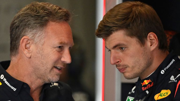 Red Bull team principal Christian Horner talkks to Red Bull driver Max Verstappen of the Netherlands before the third free practice at the Red Bull Ring racetrack, ahead of the Austrian Formula One Grand Prix in Spielberg, Austria, Saturday, June 28, 2025. (AP Photo/Denes Erdos)