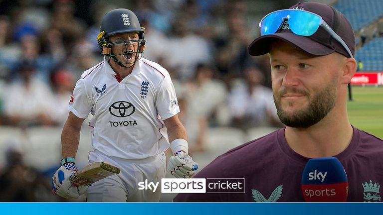 England�s Ollie Pope celebrates scoring a test century on day two of the first Rothesay Men's Test match at Headingley, Leeds.