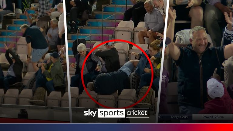 A fan took an unfortunate tumble during the 3rd T20 against West Indies after he tried to take a catch off Jason Holder's six.