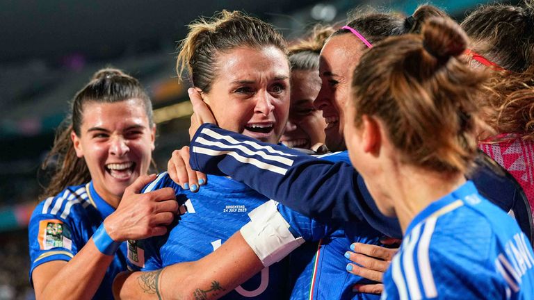 July 24 2023: Cristiana Girelli (Italy) celebrates the teams first goal during a Group G - FIFA Women's World Cup Australia & New Zealand 2023 game, Italy vs Argentina, at Eden Park, Auckland, New Zealand. Kim Price/CSM (Credit Image: .. Kim Price/Cal Sport Media) (Cal Sport Media via AP Images)
