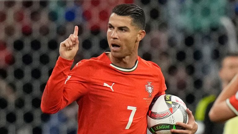 Cristiano Ronaldo of Portugal celebrates the scoring to do 2-2 against Spain in the final of the League of Nations