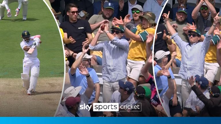South Africa captain Temba Bavuma launches one for six only to see an Aussie fan take the catch in the stands about eight rows back