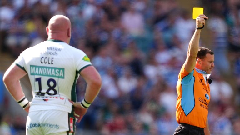 Dan Cole is shown a yellow card during the defeat of Leicester against Bath in the first rugby final