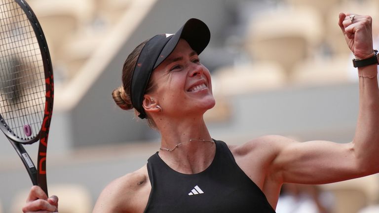 Ukraine's Elina Svitolina celebrates beating Italy's Jasmine Paolini. (AP Photo/Christophe Ena)