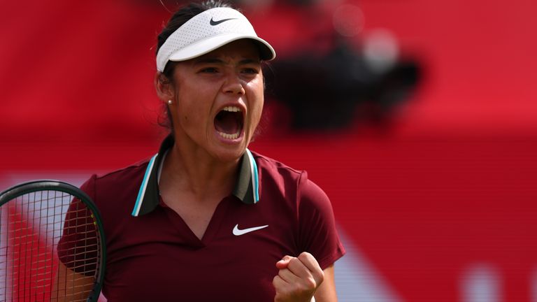 Emma Raducanu (GBR) during her women's singles Quarter final match against Qinwen Zheng (China) at The Queen's Club on June 13, 2025 in Lond