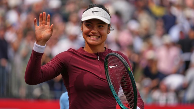 Britain's Emma Raducanu waves the crowd after Him and Britain's Katie Boulter played, on Monday, June 9, 2025 against China's Fang-Hsien Wu and Xinyu Jiang. (AP Photo / Joanna Chan)