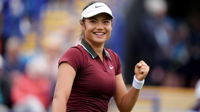 Emma Raducanu celebrates winning the second set against Ann Li (not pictured) during day two of the Lexus Eastbourne Open at Devonshire Park