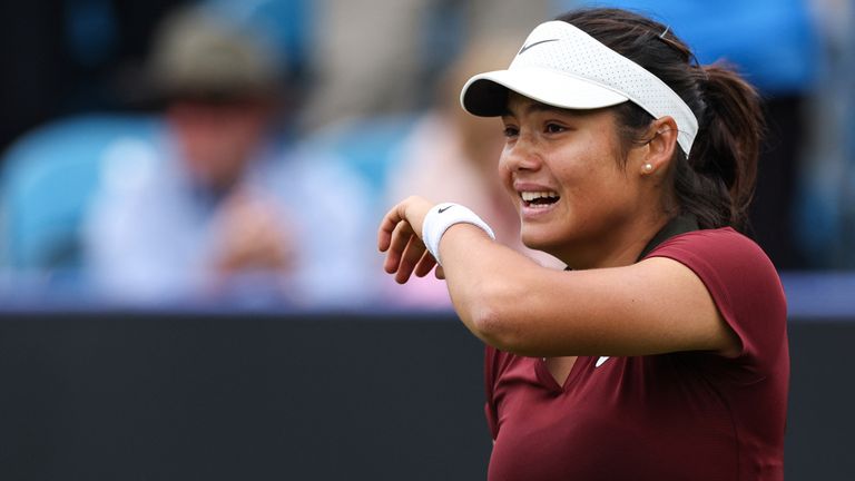 Britain's Emma Raducanu celebrates winning against Ann Li of the US during their women's singles tennis match on day two at the Rothesay Eas