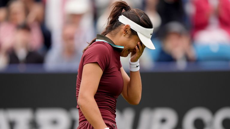 Emma Raducanu celebrates winning her match against Ann Li (not pictured) during day two of the Lexus Eastbourne Open at Devonshire Park Lawn