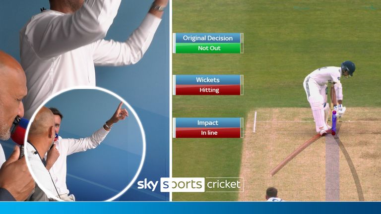Stuart Broad calls for a review from the commentary box after spotting a potential lbw for India's opener Yashasvi Jaiswal despite it being given as a no ball by the umpire. 